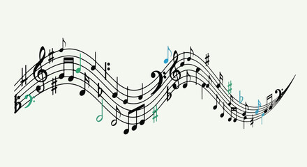 A musical staff design with floating notes in shades of black, blue, and green © Yadaza