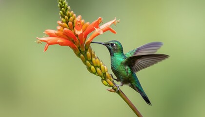 Fototapeta premium Vibrant hummingbird feeding on a striking red flower