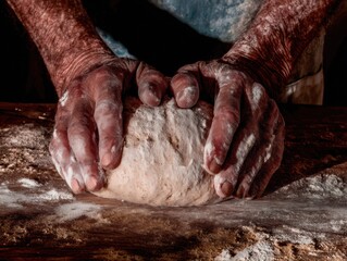 Hands of an elderly baker kneading fresh sourdough bread dough on a floured wooden table, traditional home baking and artisan culinary craft concept with natural light