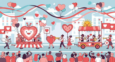 Naklejka premium A parade features heart-shaped floats, angels, and a band, viewed by people