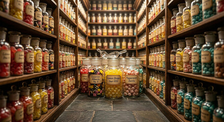 Fototapeta premium A eye-level shot looking down an aisle of an old-fashioned apothecary-style candy shop. Both sides are lined with floor-to-ceiling wooden shelves holding hundreds of vintage glass jar
