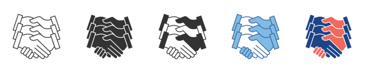 Obraz premium Concept of Global Business Partnership and Collaboration with Stacked Handshake Icons Representing Teamwork and Agreement