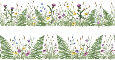 Vector illustration of stylized wildflower, grass, and fern border symbolizing nature, culture, diversity, education, and artistic values © MSTIRIN