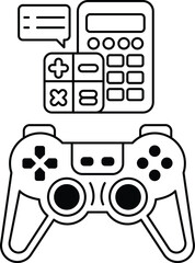 A black and white image of a video game controller with a calculator on the side © toonsteb