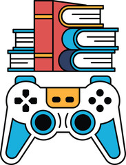 Concept of a person playing a video game while surrounded by books © toonsteb