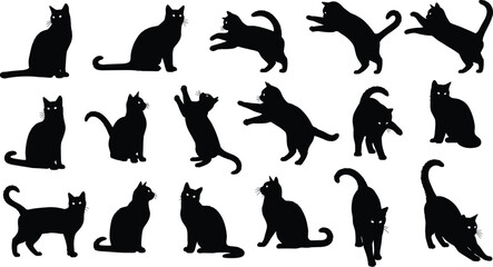 Cat silhouette vector illustration collection, feline pose artwork, domestic pet design element, animal graphic motif, playful nature pattern © Mst