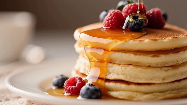 Pancakes with berries and syrup