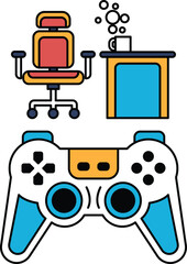 A black and white drawing of a video game controller with a chair © toonsteb