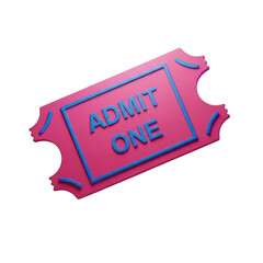 Admit one ticket 3D icon in pink and blue for cinema, theater, or event admission on a transparent background