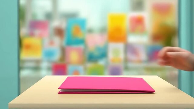 A person's hand places a pink folder on a desk in a classroom