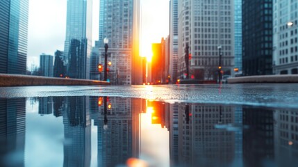 Fototapeta premium Wet street reflecting chicago's iconic skyscrapers and a vibrant sunset in puddles after rain, creating a stunning urban landscape filled with dramatic evening light