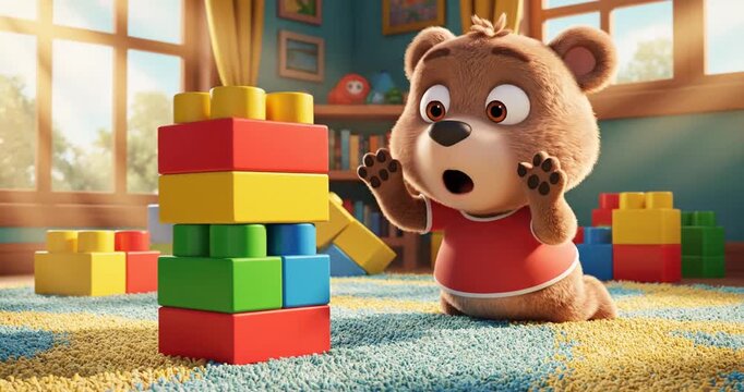 A cute bear toy building a colorful block tower in a bright, playful room filled with toys