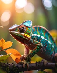 Obraz premium A colorful chameleon perches on a branch amidst vibrant foliage