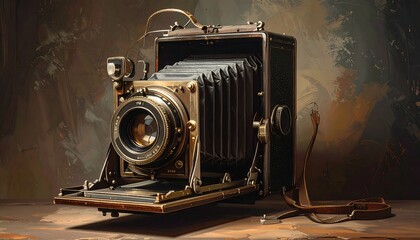 A vintage camera sits on a wooden surface