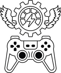 A black and white drawing of a video game controller with a gear © toonsteb