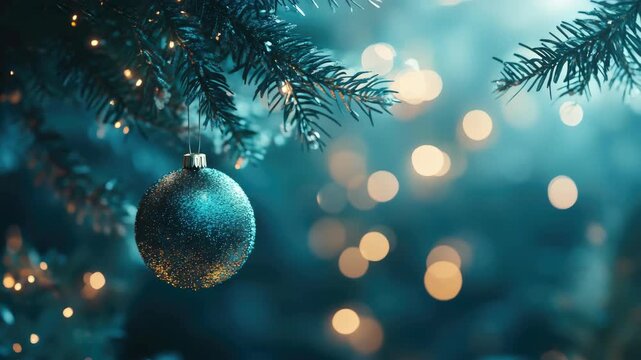 Christmas time, with a glimmering lighted tree and a single ornament as the focal point.