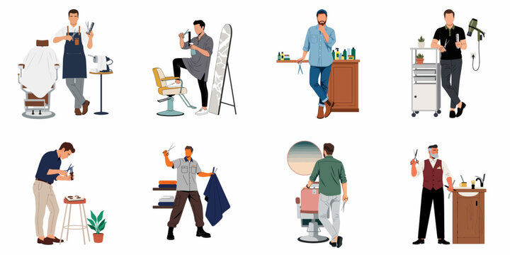 A comprehensive collection of diverse male barbers and hair stylists, featuring various poses, tools, and salon equipment, depicting professional grooming services.