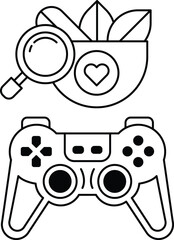 A black and white drawing of a video game controller and a magnifying glass © toonsteb