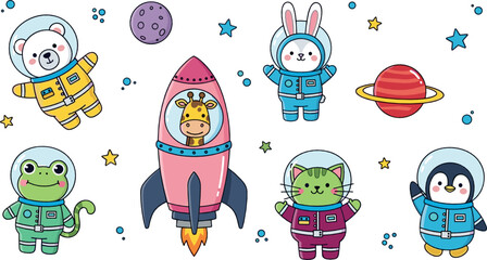 Cute animal astronauts set with rocket – cartoon space animals illustration © Yevhenii creative