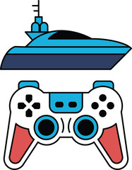 A black and white image of a boat and a video game controller © toonsteb