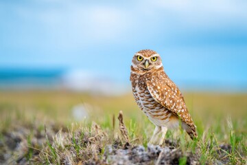 Fototapeta premium Burrowing Owl Standing in a Grassy Field Alert for Wildlife Observation and Educational Textbook with Vibrant Natural Blue and Green Color Scheme