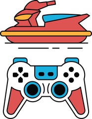 A black and white drawing of a video game controller and a jet ski © toonsteb