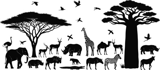 African wildlife silhouette vector illustration, savanna animal artwork, exotic nature design element, biodiversity graphic motif, ecological landscape pattern © MSTIRIN