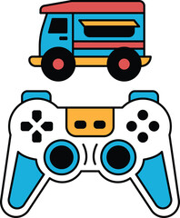 A black and white image of a toy truck and a video game controller © toonsteb