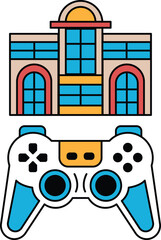 A black and white drawing of a video game controller and a building © toonsteb