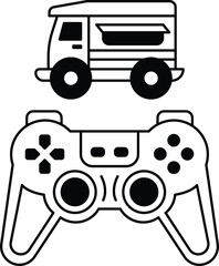 A black and white image of a toy truck and a video game controller © toonsteb