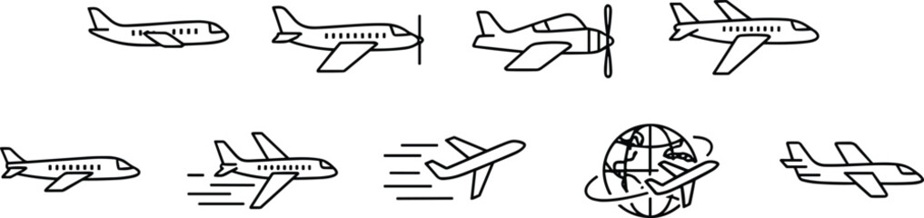 Airplane icon vector illustration collection, aviation travel artwork, global transportation design element, flight graphic set, international journey motif © MSTIRIN