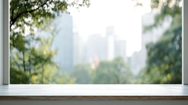 Empty white table top with a window view of a blurry city park