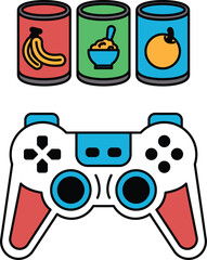 A black and white image of a video game controller with a banana, a can of soup © toonsteb