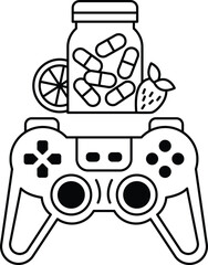 A black and white drawing of a video game controller with a bottle of pills © toonsteb