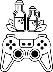A black and white image of a video game controller with two bottles of liquid on © toonsteb