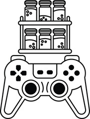 Obraz premium A black and white image of a video game controller with a shelf of jars on top o