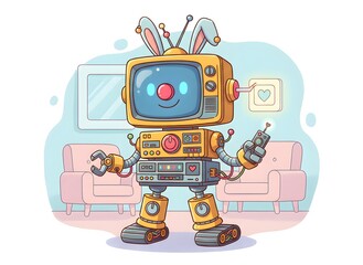Naklejka premium Cartoon TV Robot with Bunny Ears