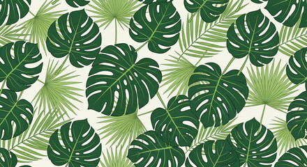 Fototapeta premium Seamless pattern featuring vibrant green tropical Monstera and palm leaves a botanical vector illustration for summer backgrounds and exotic design