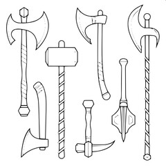 Fototapeta premium Collection of fantasy axes silhouettes, solid black vector icons, clean shapes, weapon icon set, white background