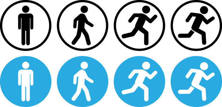 Set of modern human walk and run icons in black and blue