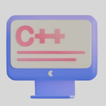 A premium 3D monitor display showing C plus plus coding language with a clean UI and pastel color scheme