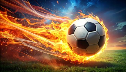 Naklejka premium A burning soccer ball sphere of leather and fire ignites a competitive sports game illustration isolated on a black background