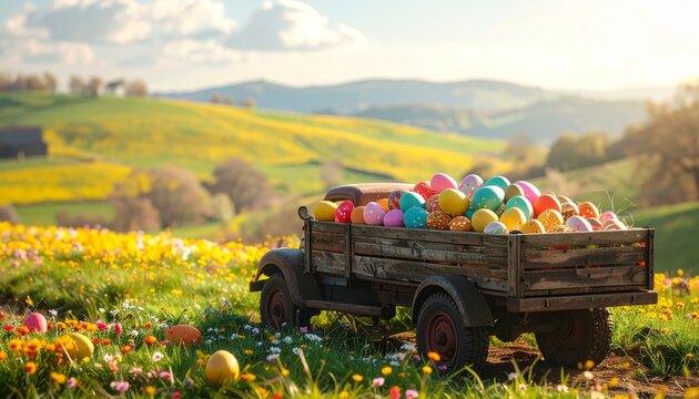 Vintage car and red tractor parked in a grassy summer landscape near a farm house under a blue sky with distant mountains and a dirt road