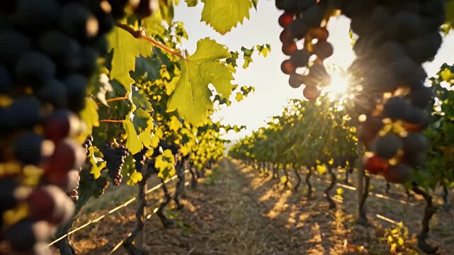 Grapes hang heavy in a vineyard, sunlit rows receding into the distance