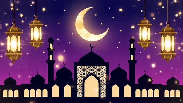 Islamic mosque silhouette with crescent moon and lanterns at night.