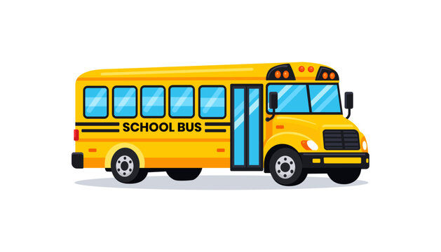 School bus cartoon in simple flat style white background. Bright yellow bus illustration perfect for education themes, back to school designs, kids projects, transportation graphics