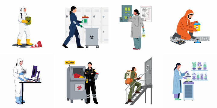 Professionals managing biohazard waste, conducting lab research, and ensuring safety across various environments, illustrating critical health and environmental protocols.