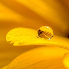 Obraz premium A macro close-up of a morning dew droplet reflecting the vibrant freshness of nature on a yellow flower petal after a spring rain