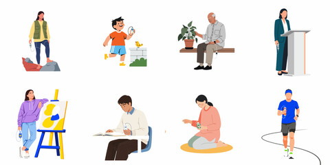 Illustrative scenes depicting various individuals across different ages and lifestyles, actively managing health with personal medical technology.