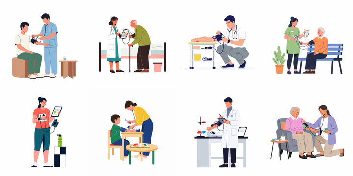 Various scenes of blood pressure monitoring by medical professionals and individuals across different ages and settings for health check-ups and diagnostics.